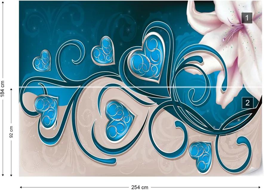 Fototapet GLIX - Lily Hearts Blue Swirls + adeziv GRATUIT Tapet nețesute - 254x184 cm