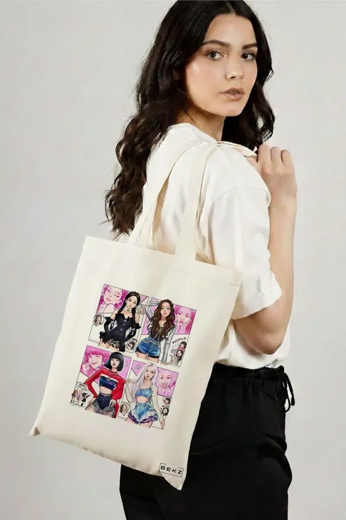 Sacosa de Panza pentru Cumparaturi, Geanta Tote, model Blackpink 7, 38x34.5 cm, Alba, BEKZ®