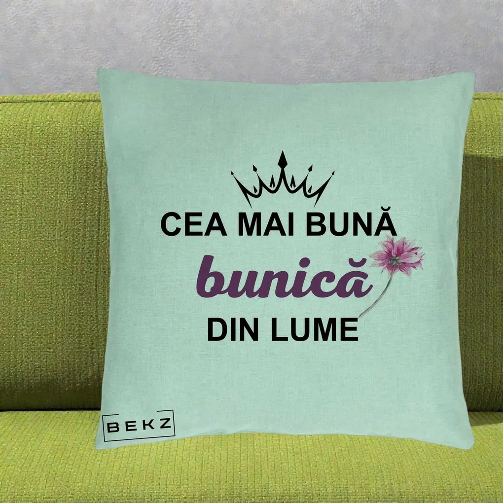 Cadou pentru Bunica - Perna Personalizata Cea Mai Buna Bunica Din Lume Coroana Mov Floare Roz, 40x40 cm, Verde Menta, Husa Detasabila, Perna Inclusa, BEKZ®
