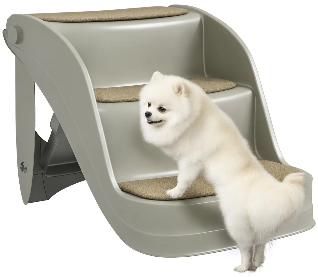 Scară pliabilă PawHut 3 trepte pentru câini mici, covorașe antiderapante, 49 x 38 x 38 cm — gri | Aosom Romania