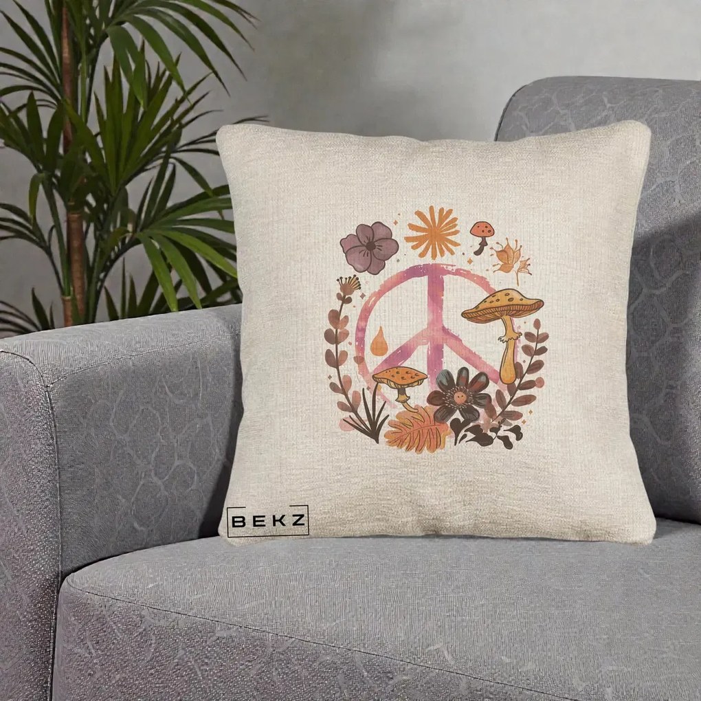 Perna Decorativa Peace Ciuperci Boho, 40x40 cm, Bej Canapea, Husa Detasabila, Perna Inclusa, BEKZ®