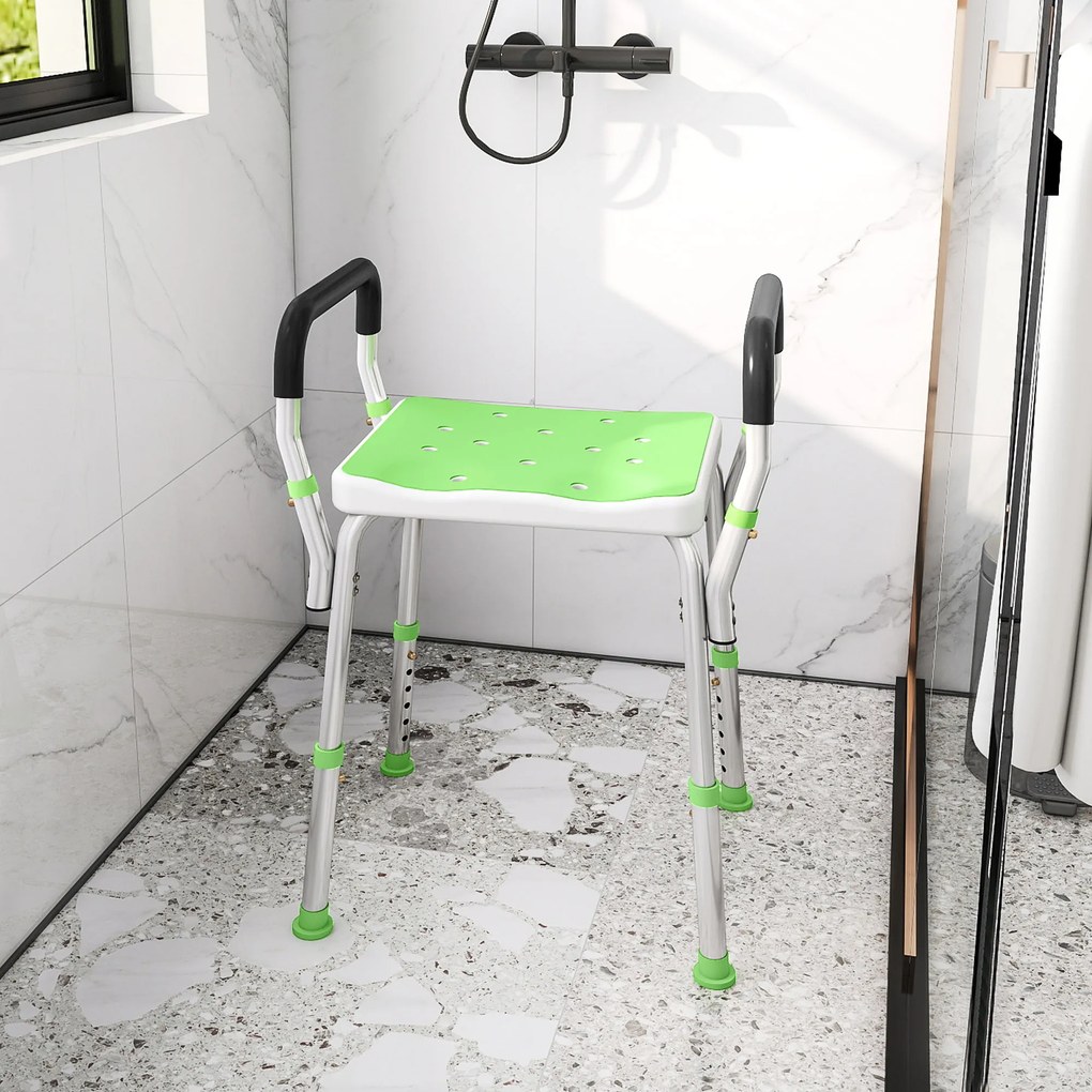 HOMCOM Scaun de duș din aluminiu, reglabil pe înălțime, cu cotiere și picioare antiderapante, verde | Aosom Romania