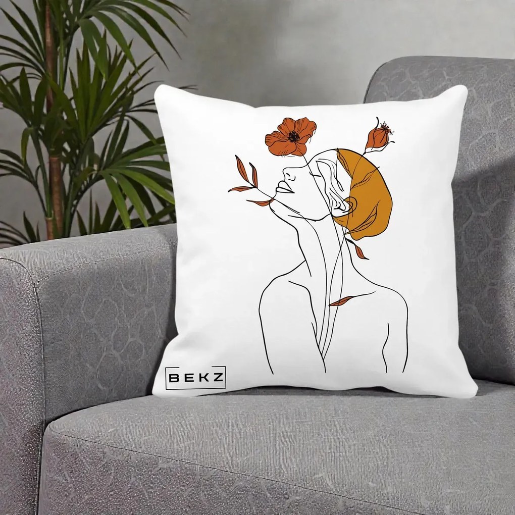 Perna Decorativa Portret Feminin Mac Privire Inalta, 40x40 cm, Alba Mata, Husa Detasabila, Perna Inclusa, BEKZ®