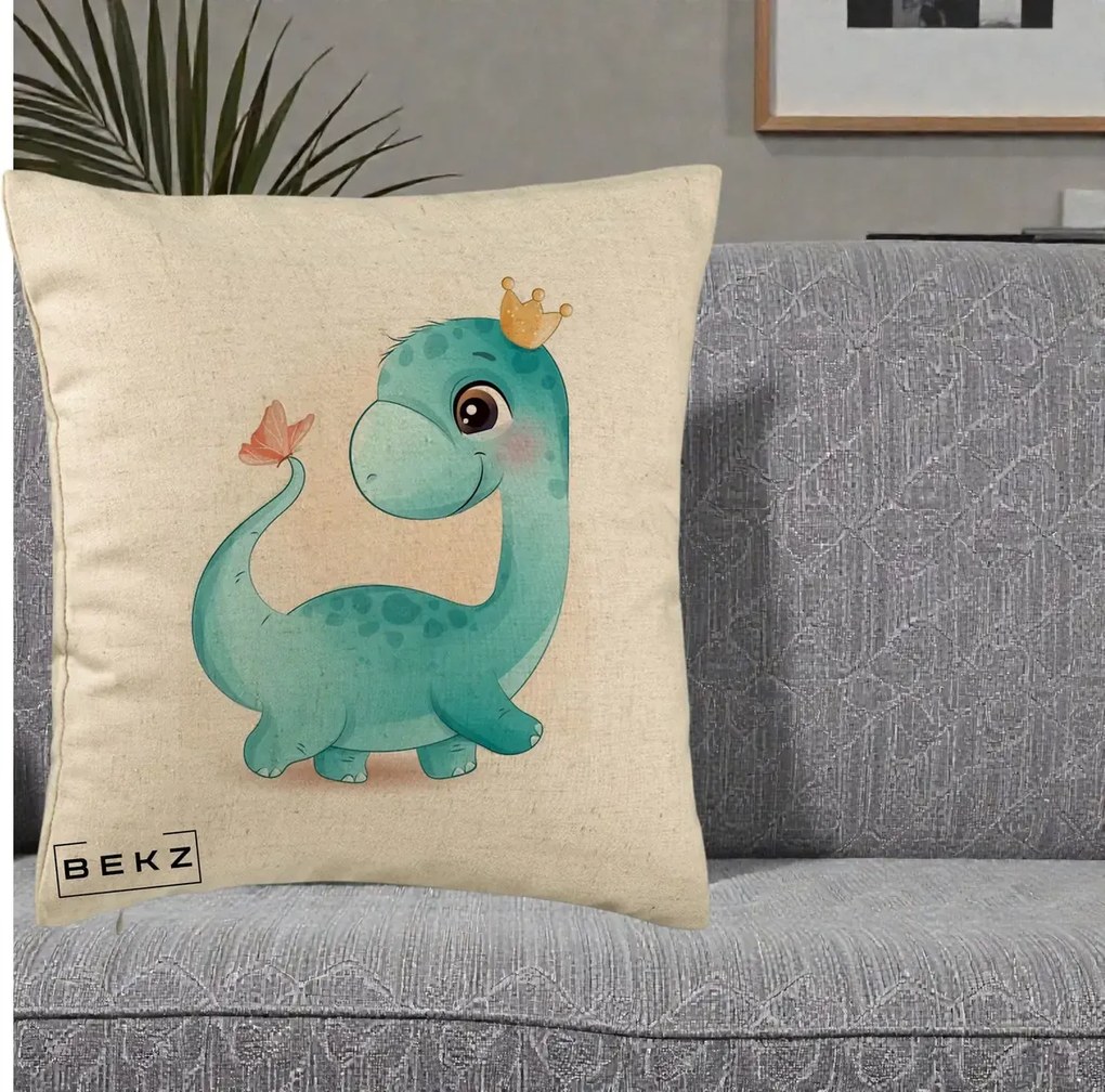 Perna Personalizata Dinozaur Bland Coroana Kawaii, 40x40 cm, Bej, Husa Detasabila, Perna Inclusa, BEKZ®