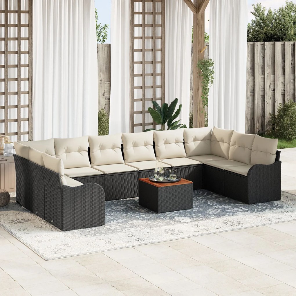 vidaXL Set canapea grădină 11 pcs Negru, alb Mare Ratan, Poliester