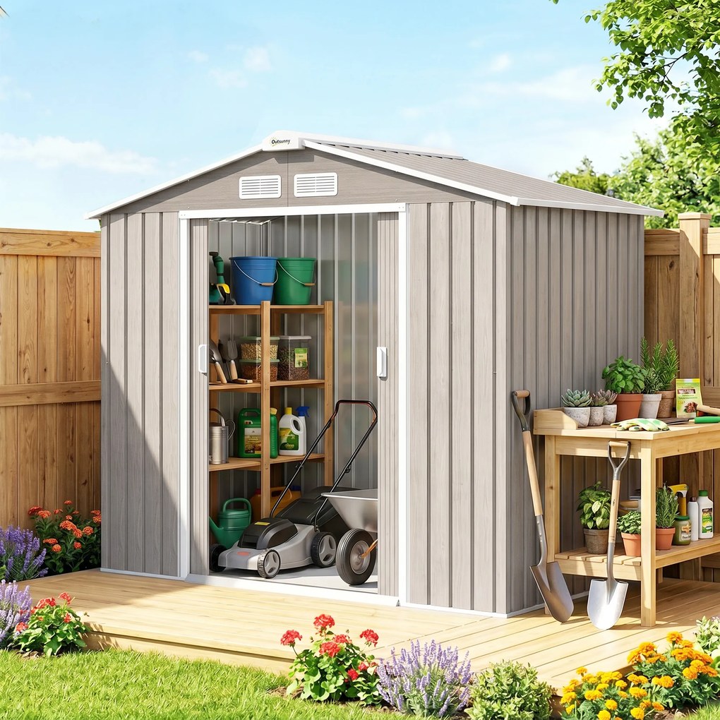 Outsunny Magazie Grădină Metalică cu Orificii de Ventilație și Ușă Culisantă Dublă pentru Grădinarit și DIY, 213x130x185 cm, Maro | Aosom Romania