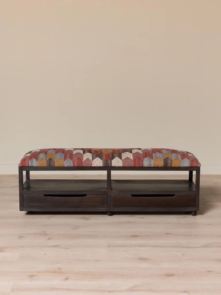 Banchetă din lemn de acacia, cu 2 sertare, tapițată cu iută și lână, multicolor, 40×138×40,5 cm, „Tikana"