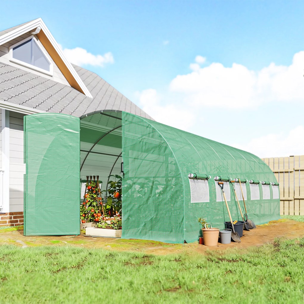 Outsunny Sera tunel pentru grădină 18m², sera tunel cu uși și 12 ferestre cu plasă, 295x597x200cm, verde | Aosom Romania
