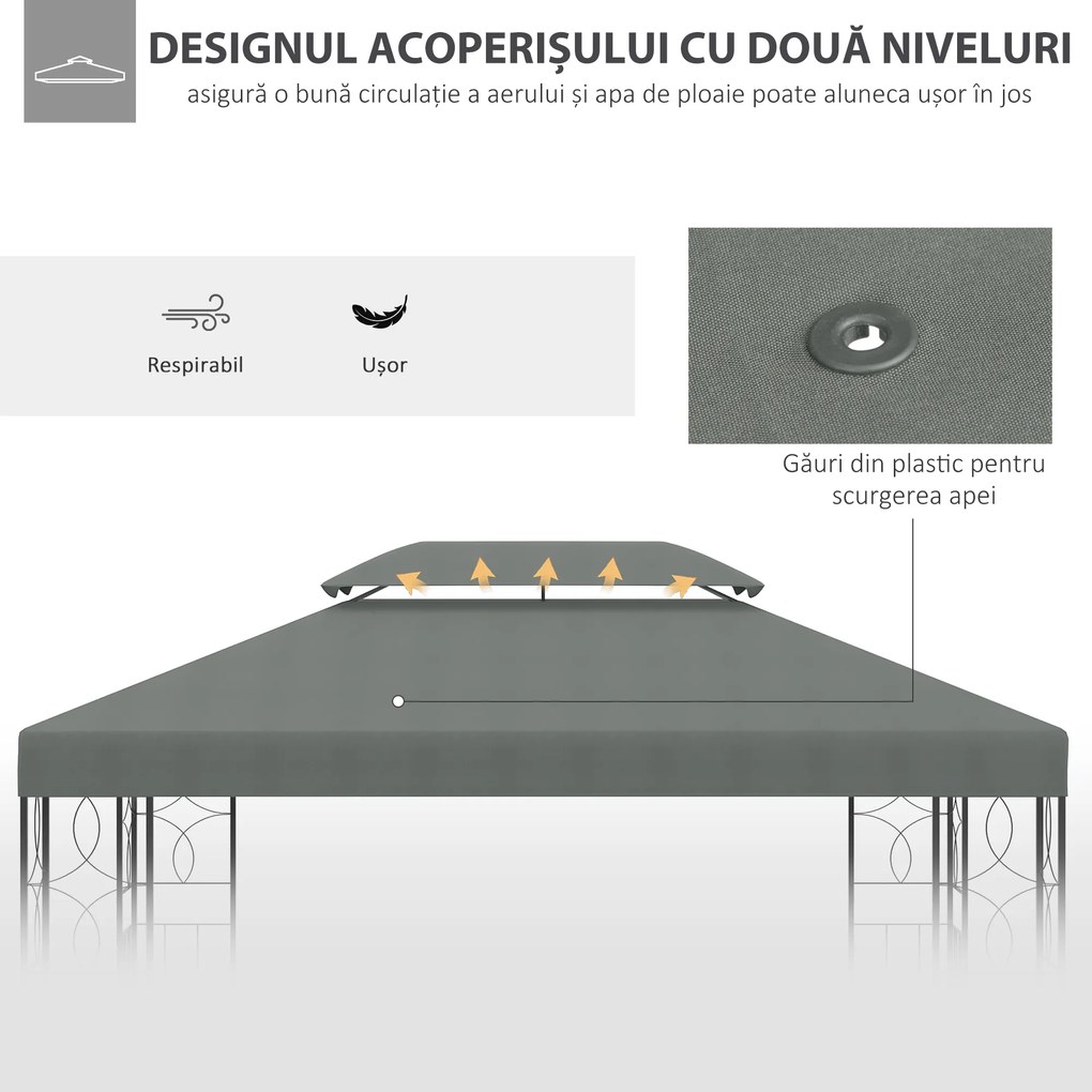 Outsunny Prelata pentru Foisor 4x3 m cu 2 Niveluri, Acoperis pentru Foisor din Poliester Anti UV cu Chingi din Velcro si 10 Orificii de Drenaj, Gri