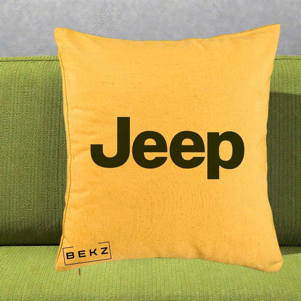 Perna Personalizata cu emblema Jeep, 40x40 cm, Galben, Husa Detasabila, Perna Inclusa, BEKZ®