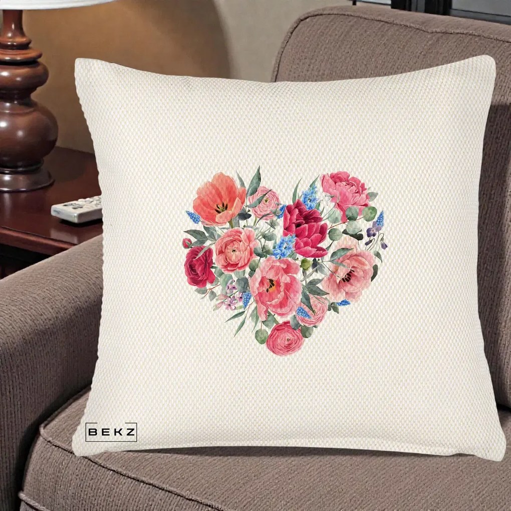 Perna Decorativa Inima din Bujori Acuarela, 40x40 cm, Crem Reliefat, Husa Detasabila, Perna Inclusa, BEKZ®
