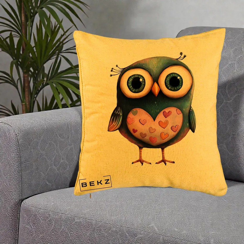 Perna Decorativa Bufnita cu Inimioare Roz, 40x40 cm, Galben, Husa Detasabila, Perna Inclusa, BEKZ®