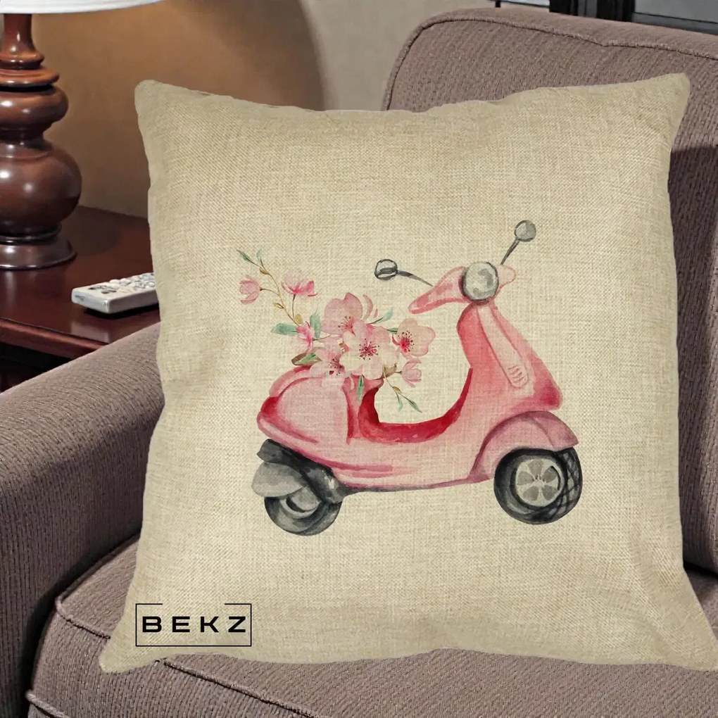 Perna Decorativa Scuter Roz cu Flori Acuarela, 40x40 cm, Crem, Husa Detasabila, Perna Inclusa, BEKZ®