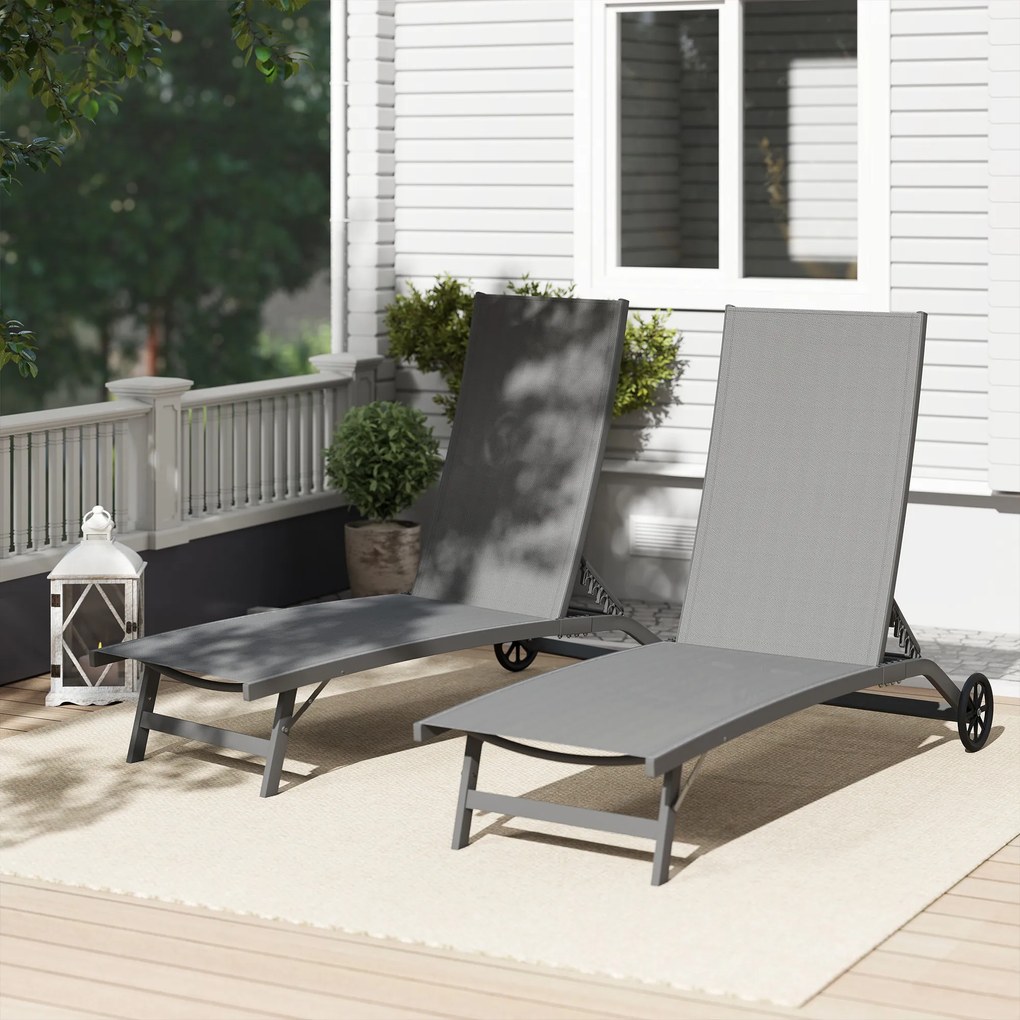 Outsunny Set de 2 Șezlonguri Rabatabile pe 5 Niveluri, Șezlonguri din Aluminiu și Țesătură Respirabilă, 66x165x102 cm, Albastru | Aosom Romania