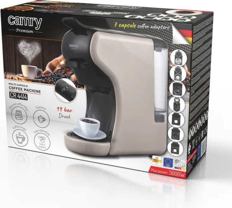 Espressor pentru cafea macinata si capsule 9in1 Camry CR 4414, 3000 W, 19 bar, Bej/Negru