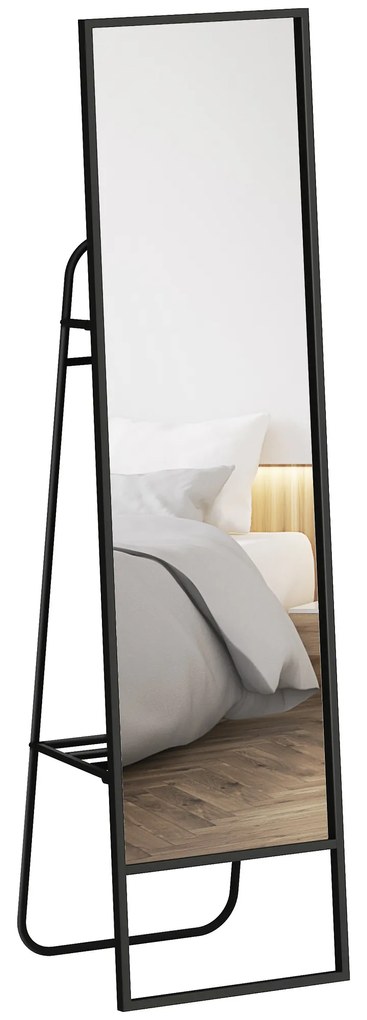 HOMCOM Oglindă pe Picior 148,5 x 40 cm dreptunghiulară cu raft din spate, 2 cârlige și cadru metalic, neagră | Aosom Romania