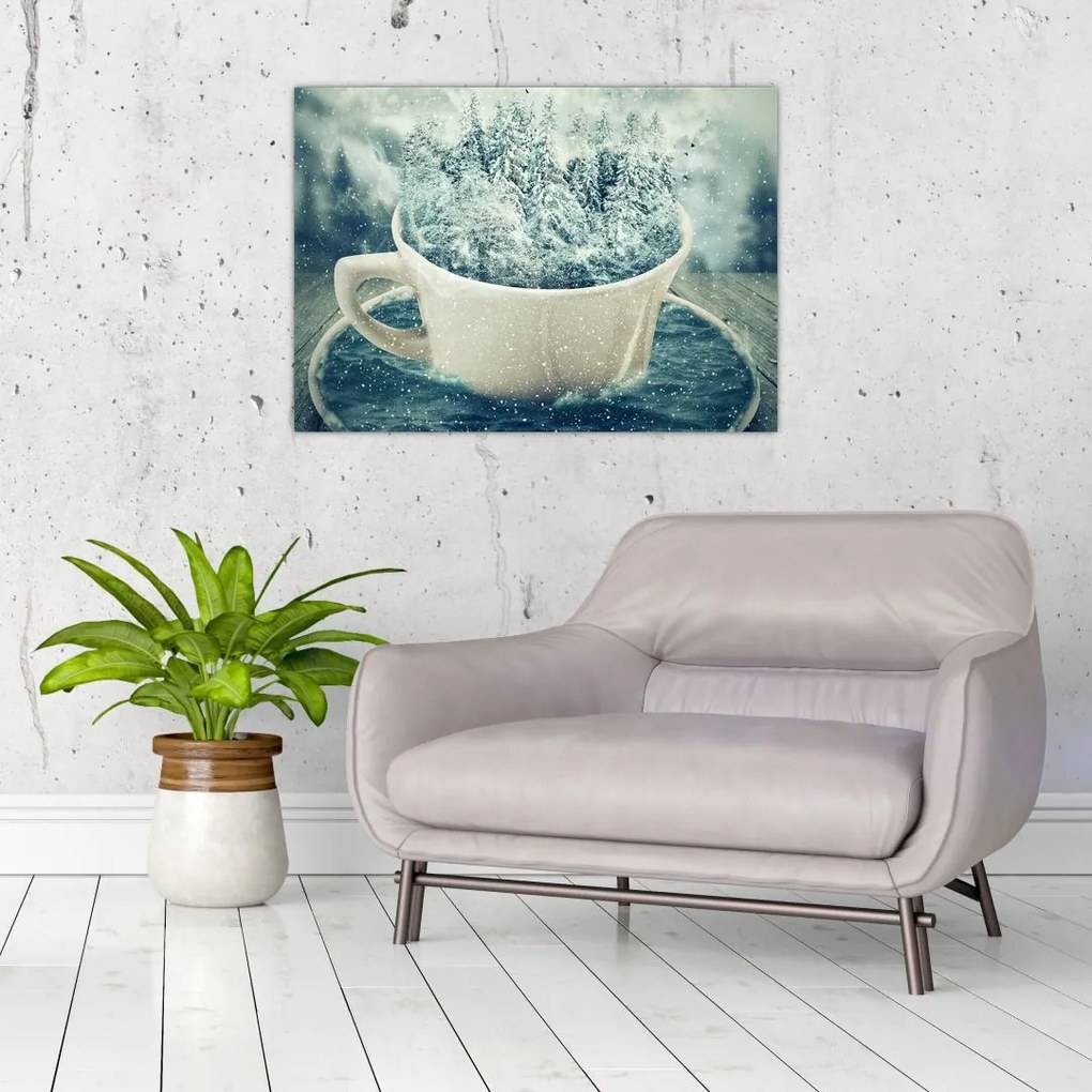 Tablou pe sticlă - Lumea de iarnă într-o căniță (70x50 cm)