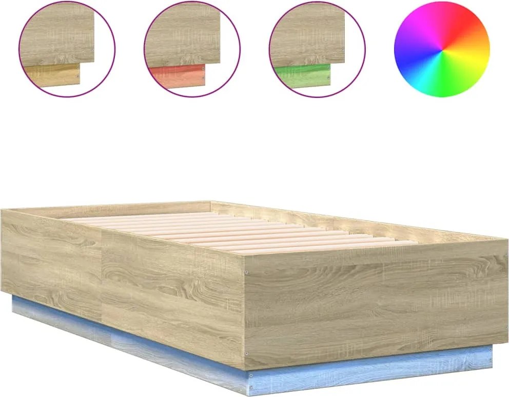 vidaXL Cadru de pat cu LED, stejar sonoma, 90x190 cm, lemn prelucrat