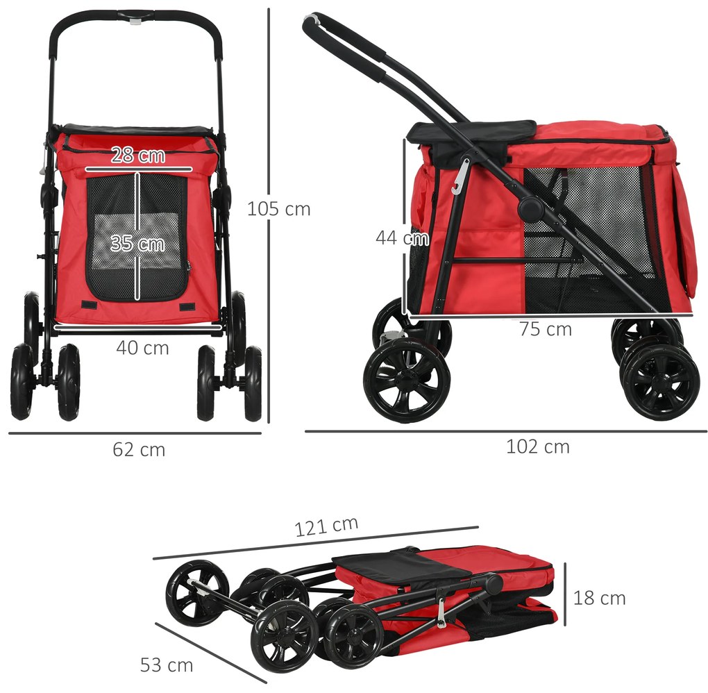 PawHut Cărucior pliabil pentru animale câini pisici cu pernă inclusă, roți cu frână, material textil Oxford 600D, 102 x 62 x 105 cm, roșu | Aosom Romania