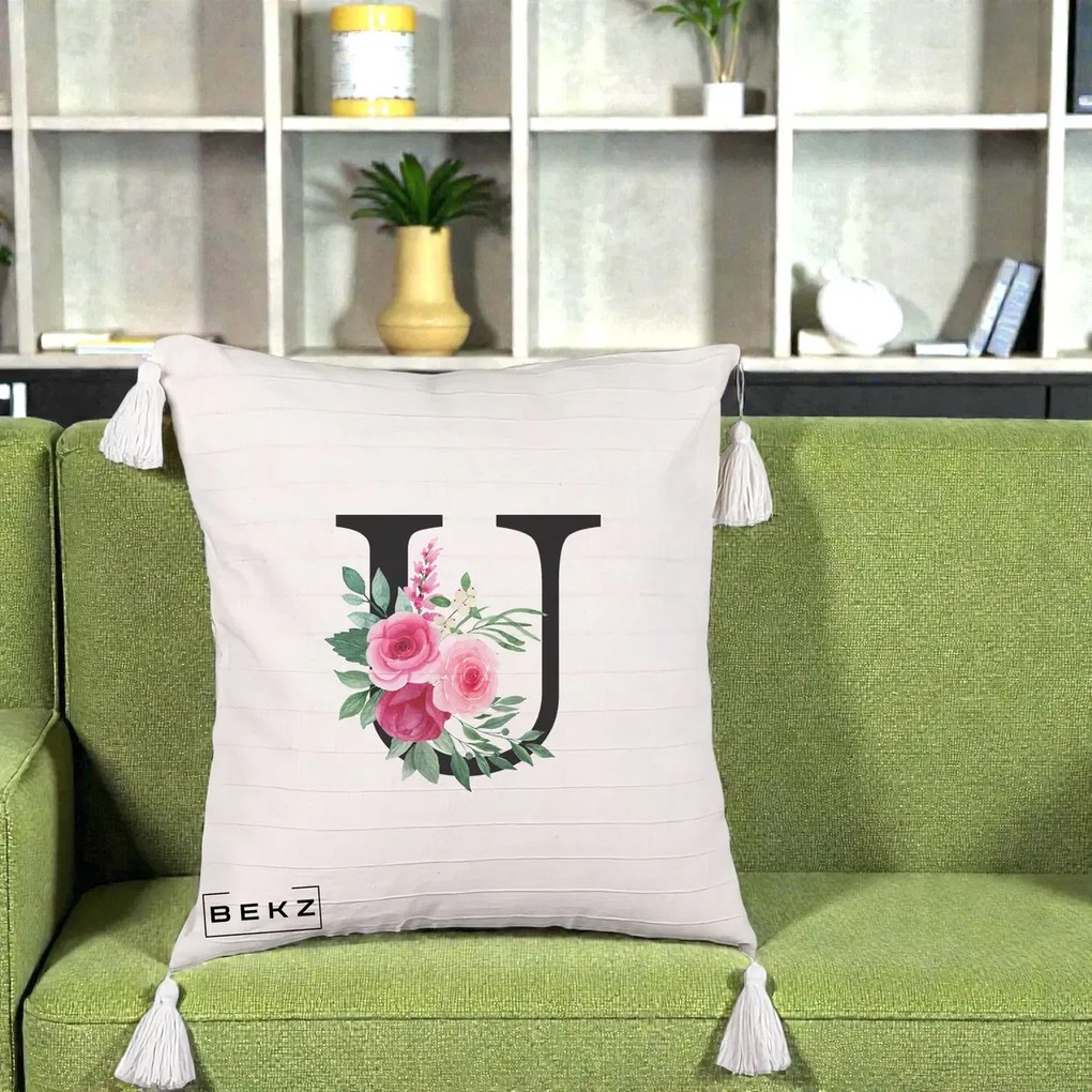 Cadou Personalizat - Perna Personalizata Monograma Florala Litera U, 40x40 cm, Bej cu Franjuri, Husa Detasabila, Perna Inclusa, BEKZ®