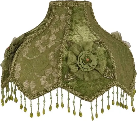 Abajur victorian din catifea, verde, în formă de cupolă, cu margine festonată, rozetă și franjuri cu mărgele, 21 x 33 cm, „Feston”