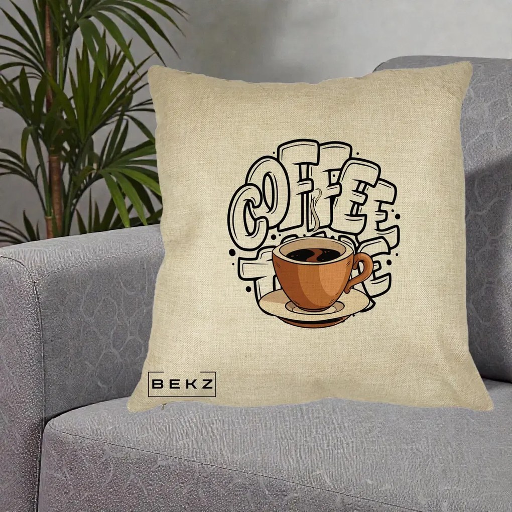 Perna Personalizata COFFEE cu Cana, 40x40 cm, Crem, Husa Detasabila, Perna Inclusa, BEKZ®