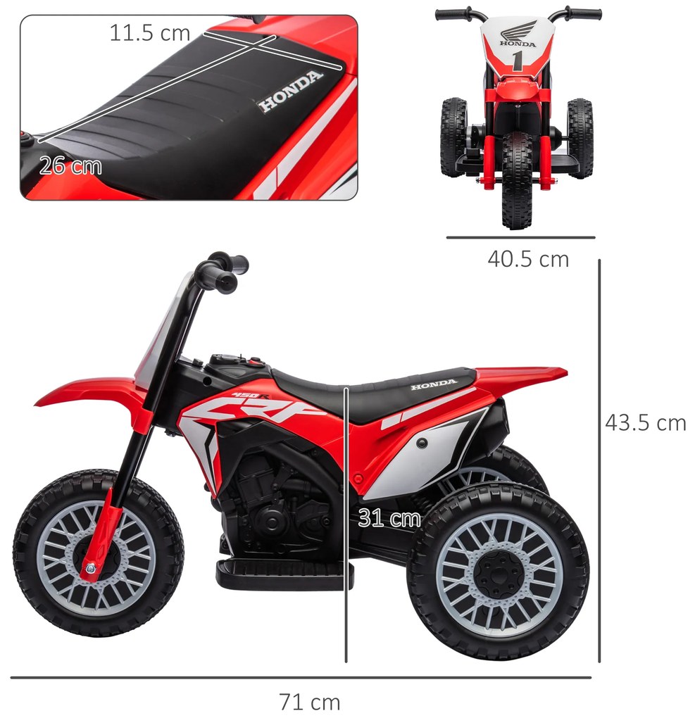 HOMCOM Motocicletă Electrică pentru Copii 6V Honda CRF450RL Licențiată Roșu 3 Roți 18-36 Luni | Aosom Romania