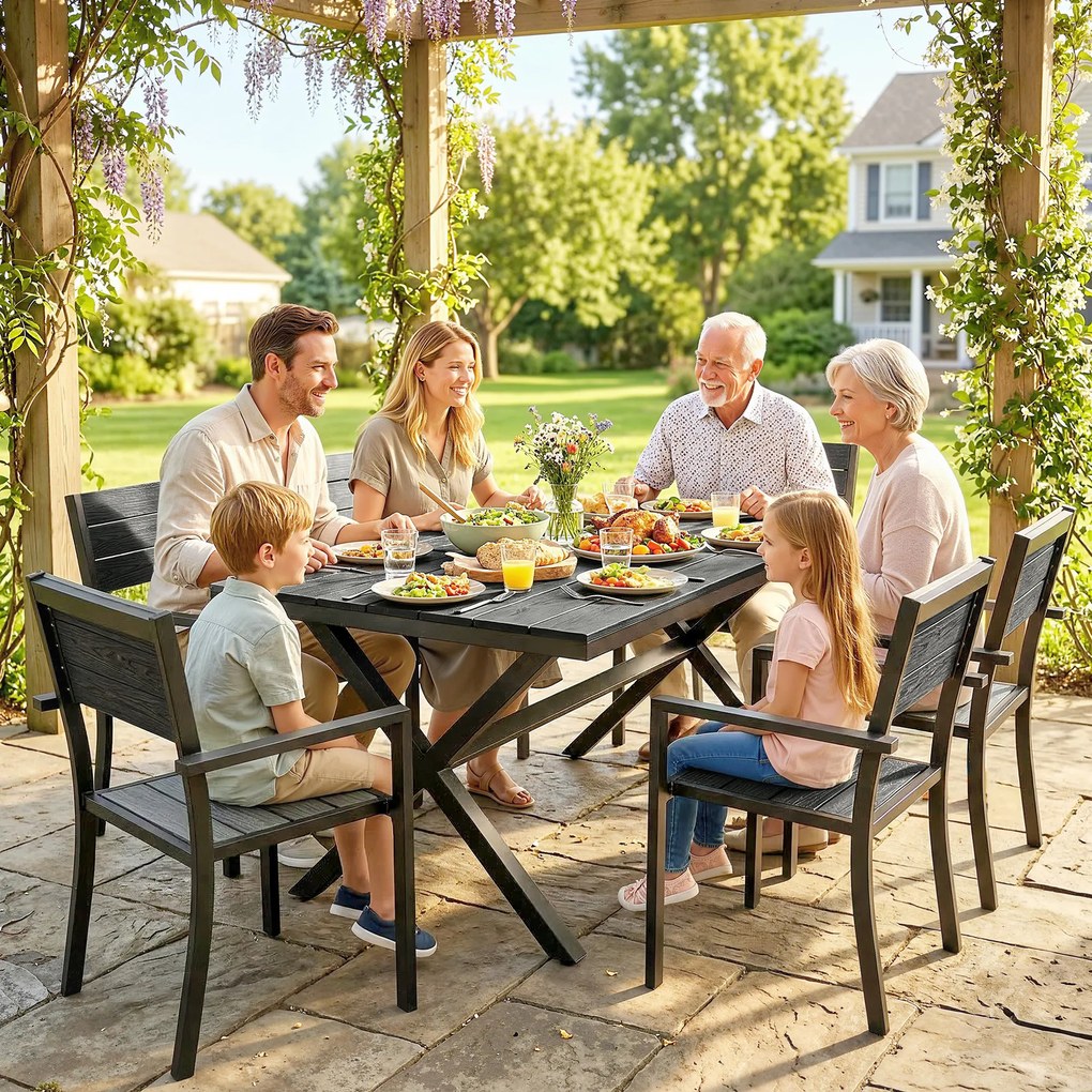 Outsunny Set de Masă pentru Exterior 7 Piese pentru 6 Persoane, Masă și Scaune Stivuite cu Lamele Efect Lemn, Cadru din Aluminiu, Gri | Aosom Romania