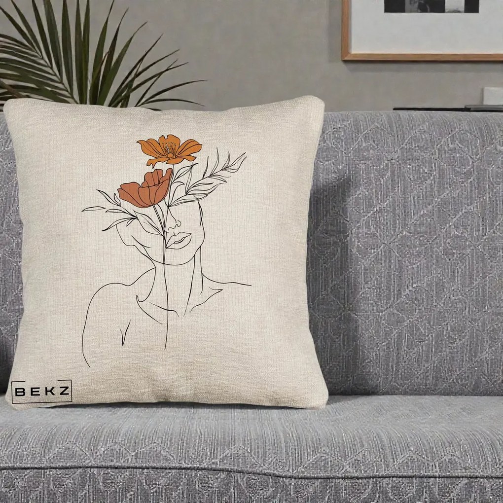 Perna Decorativa Portret Feminin Doua Flori, 40x40 cm, Bej Canapea, Husa Detasabila, Perna Inclusa, BEKZ®