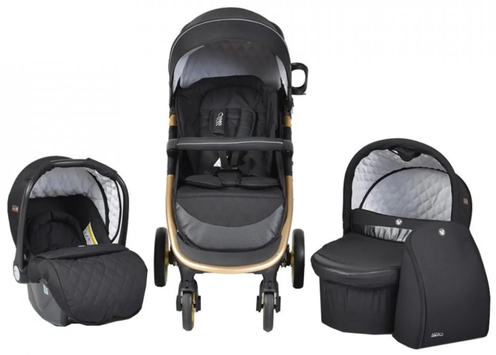 Carucior nou nascuti 3 in 1 NOVOKIDS™ Noble Deluxe, Cadru Aluminiu Gold , Amortizoare, Roti din cauciuc plin AVE, Landou, Scoica auto, Spatar
