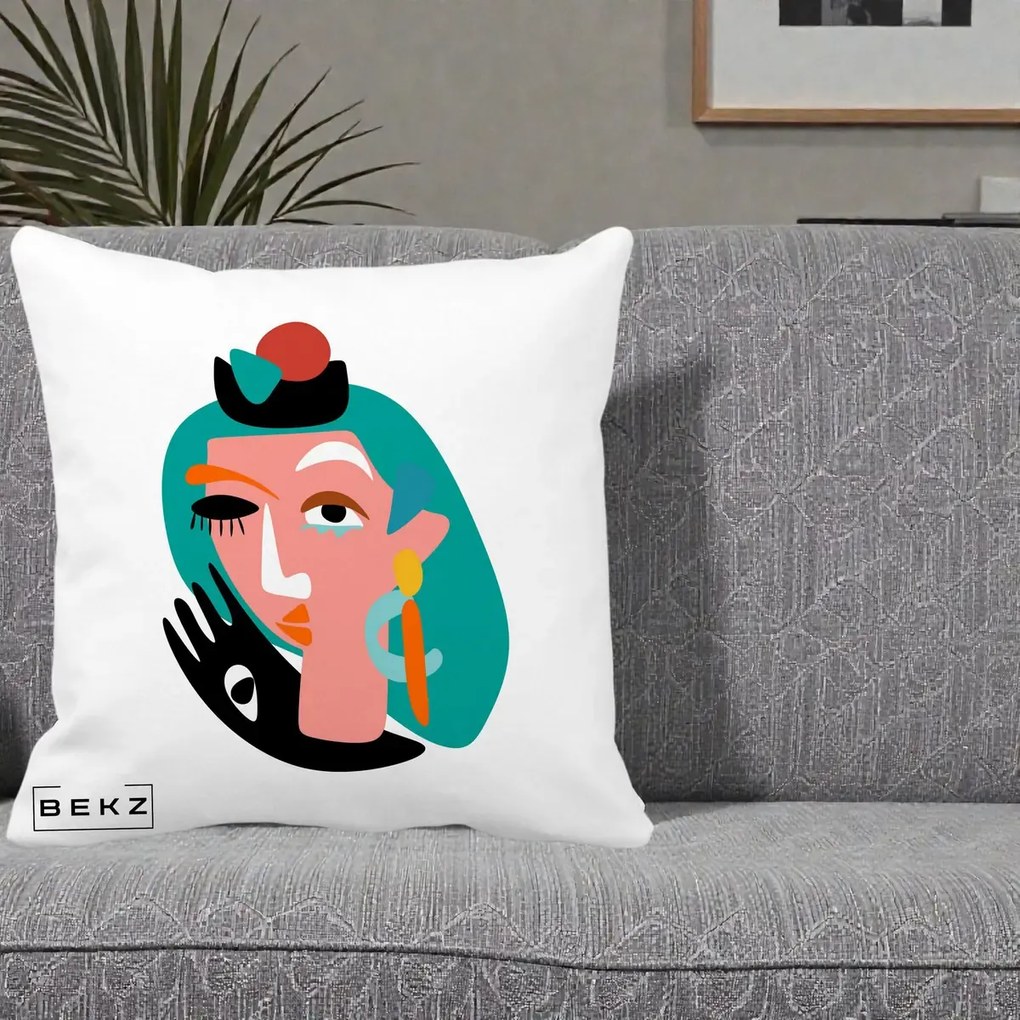 Perna Decorativa Portret Abstract Matisse Turcoaz, 40x40 cm, Alba Mata, Husa Detasabila, Perna Inclusa, BEKZ®