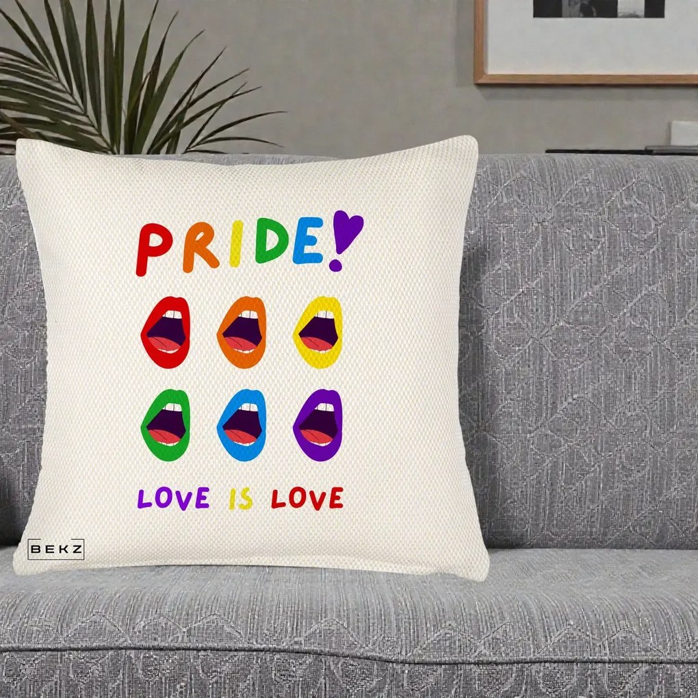 Perna Personalizata Pride Love is Love Curcubeu, 40x40 cm, Crem Reliefat, Husa Detasabila, Perna Inclusa, BEKZ®