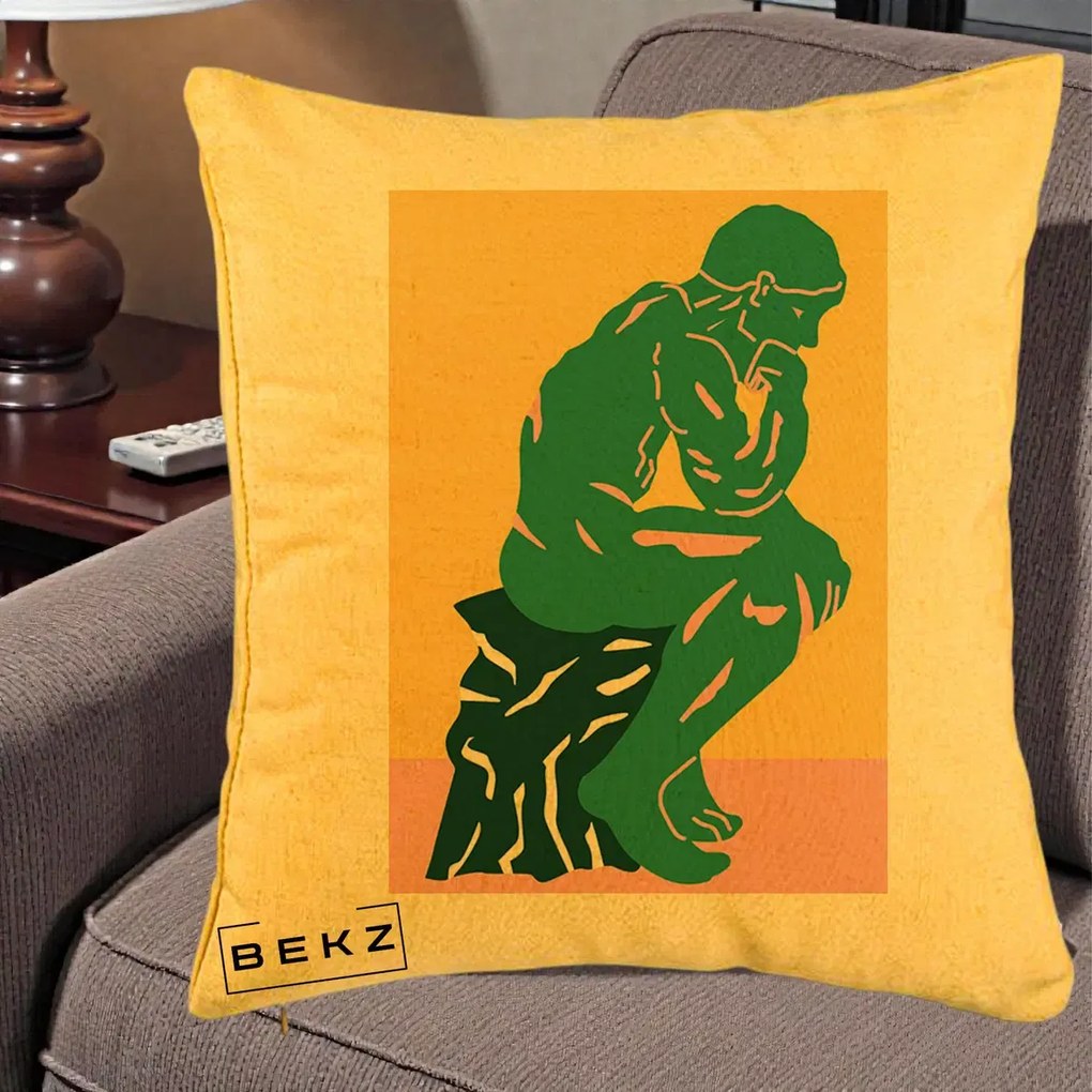 Perna Decorativa Ganditorul Sculptura Pop Art, 40x40 cm, Galben, Husa Detasabila, Perna Inclusa, BEKZ®