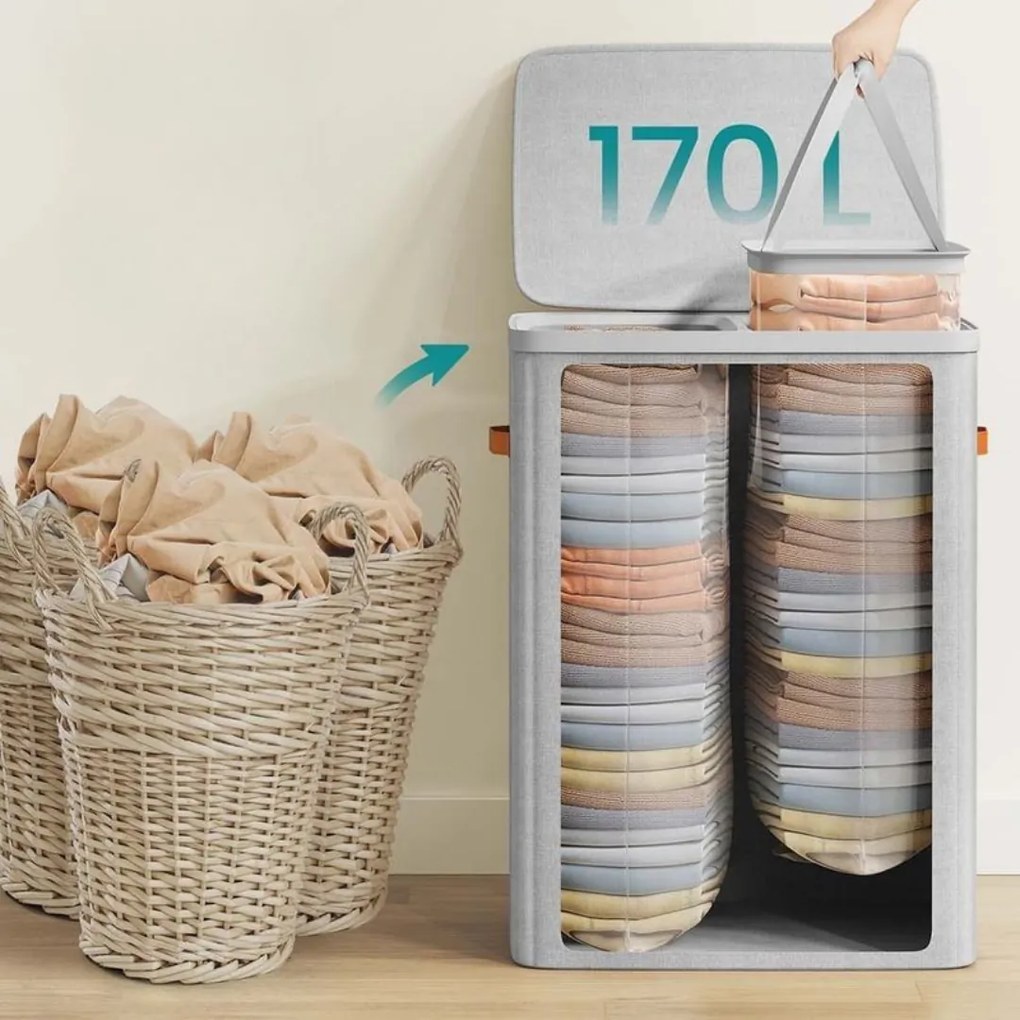 SongmicsHome Coș de rufe TALIA 170l, 56×40×75cm, gri deschis