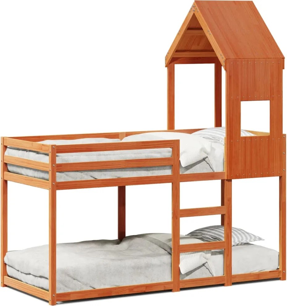 vidaXL Pat supraetajat cu acoperiș maro ceruit 90x190cm lemn masiv pin