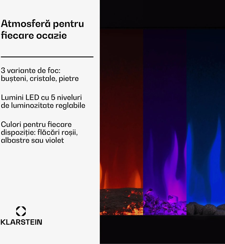 Klarstein Șemineu electric inteligent Galeras Smart, 2 setări de temperatură, 16 - 30°| Iluzia flăcării LED, Opțiune de conectare IOT