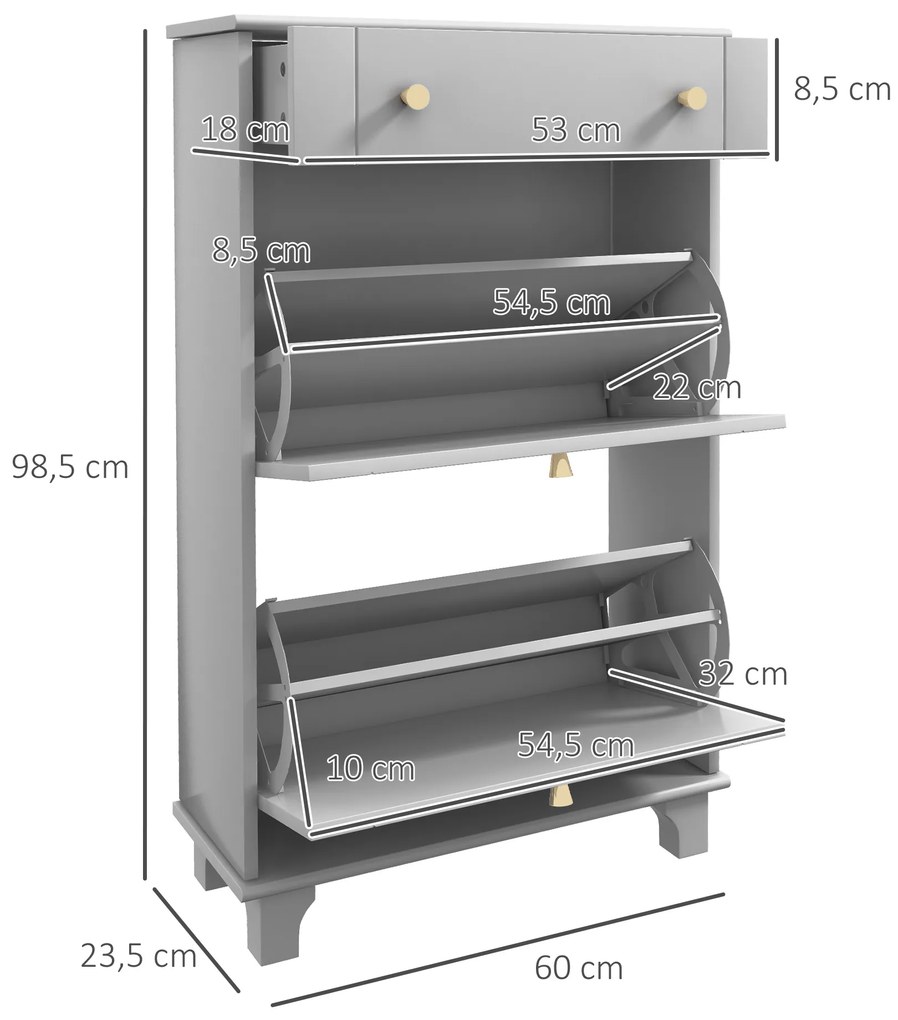 HOMCOM Mobilier Pantofar Ingust cu 2 Usi Basculante si 1 Sertar pentru 8 Perechi de Pantofi 60x23,5x98,5 cm Gri | Aosom Romania