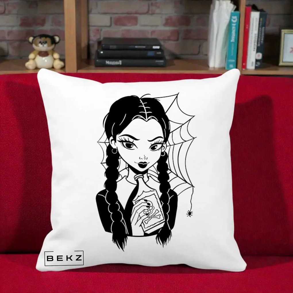 Perna Personalizata Wednesday cu Panza de Paianjen, 40x40 cm, Alba Mata, Husa Detasabila, Perna Inclusa, BEKZ®