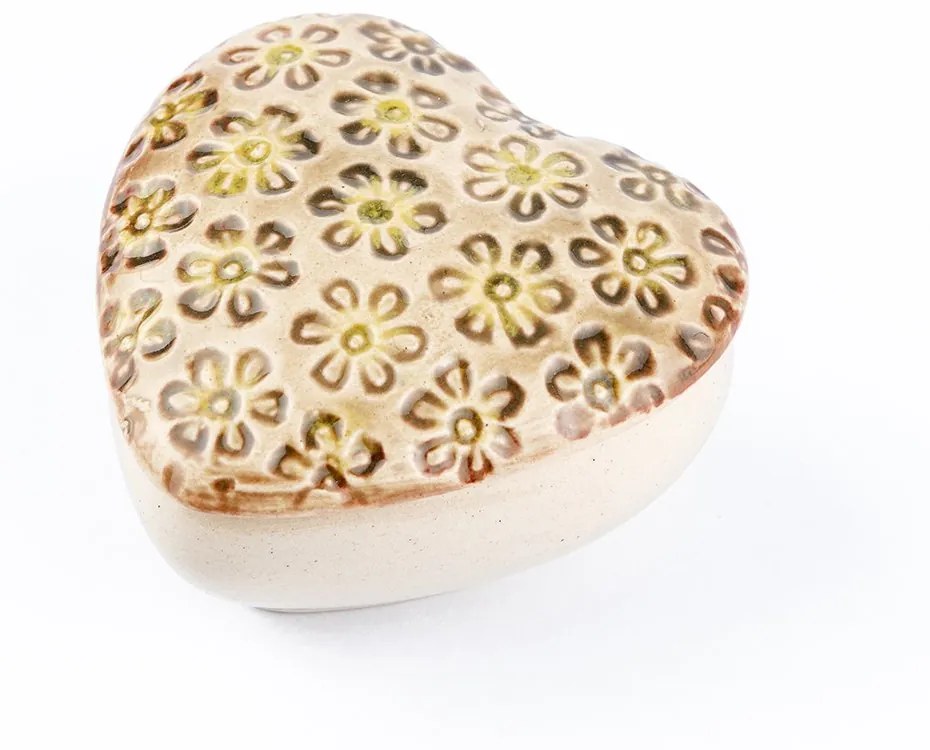 Cutie bijuterii din ceramica, inima crem, detalii florale