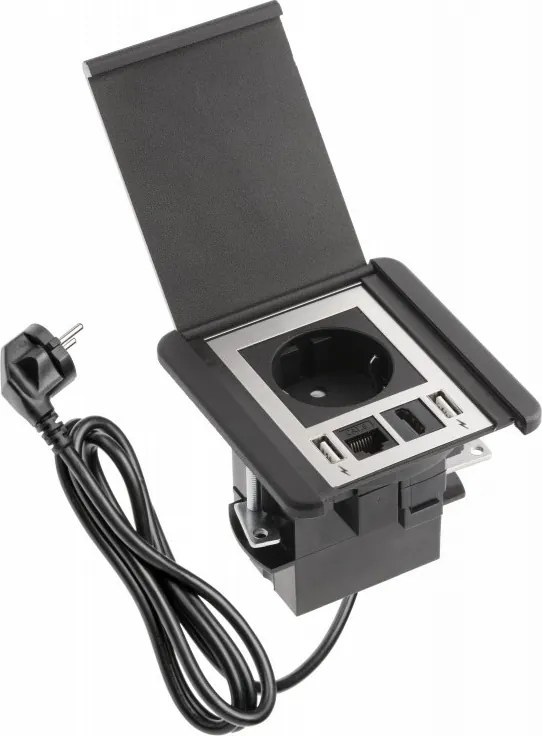 Priză încorporabilă în blat Flip GTV, 1 priză Schuko, 2 x USB A, HDMI, RJ45, negru, 92 x 98 mm Negru, Aluminiu/Plastic, L:92 mm; l:98 mm
