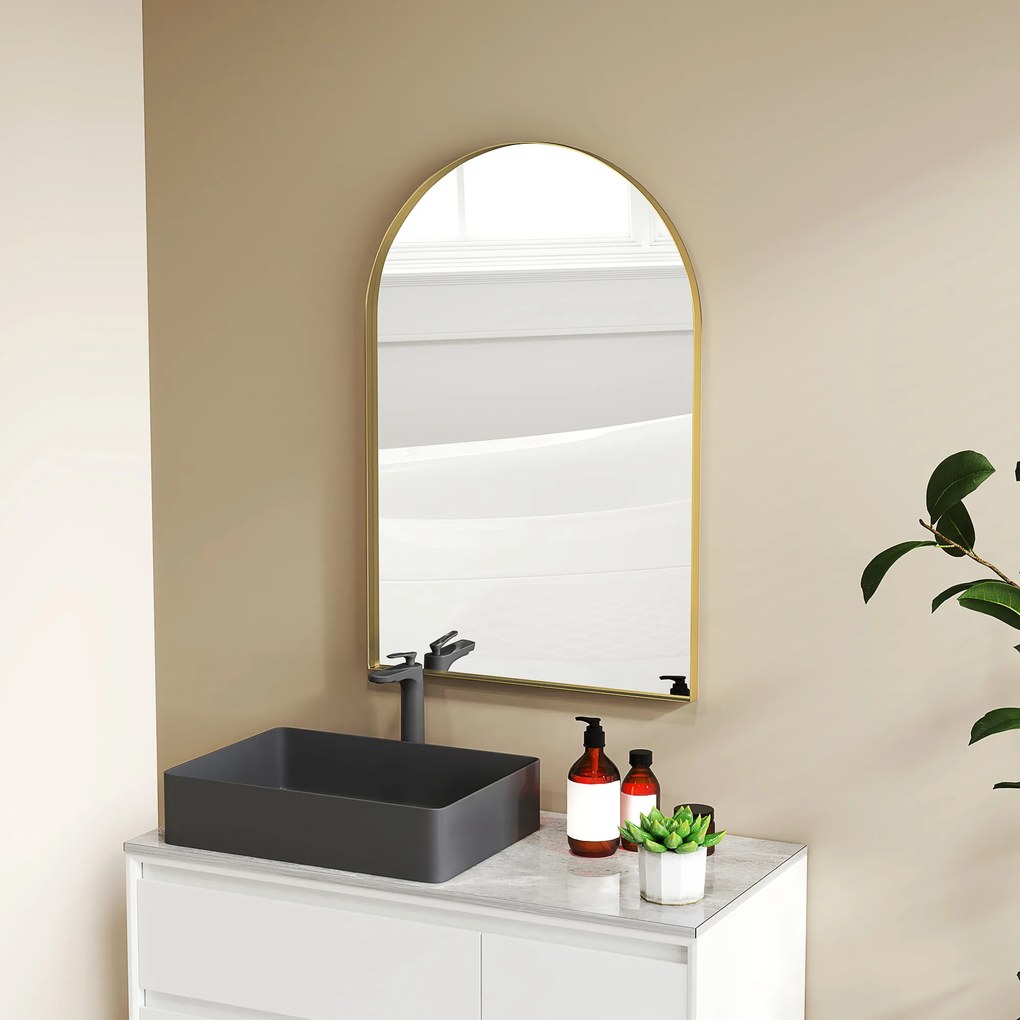 HOMCOM Oglindă murală arcuită oglindă de baie cu cadru din aliaj de aluminiu pentru dormitor living intrare 60 × 90 cm aur | Aosom Romania