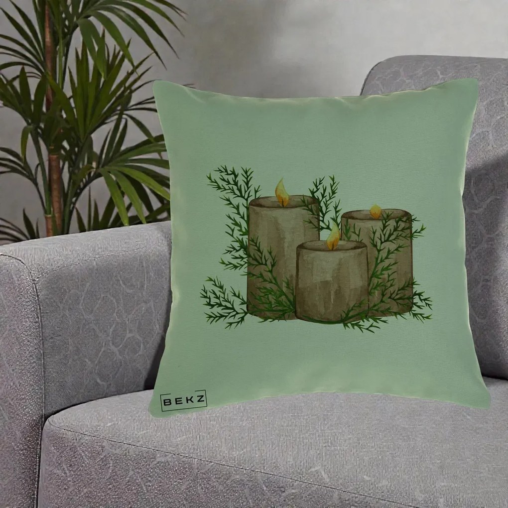 Perna Decorativa Lumanari Rustice cu Crengute Brad, 40x40 cm, Verde, Husa Detasabila, Perna Inclusa, BEKZ®