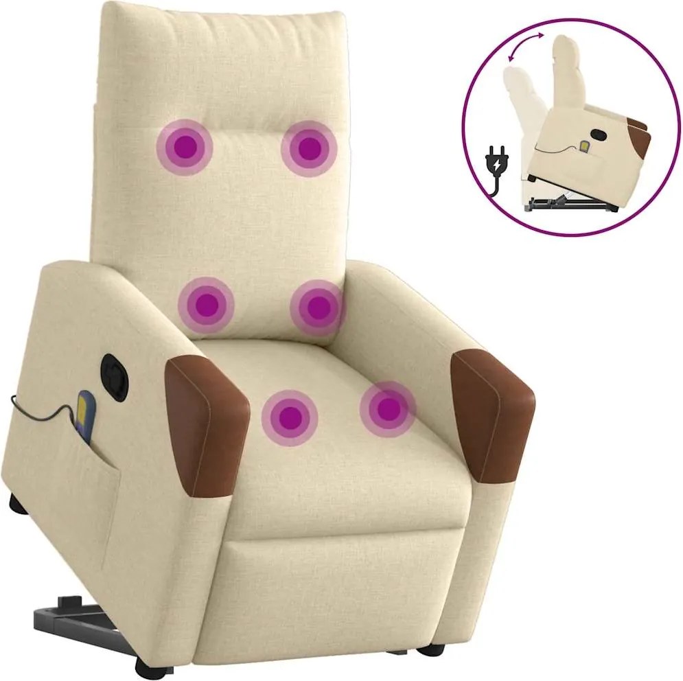 vidaXL Fotoliu masaj rabatabil cu ridicare, crem, material textil