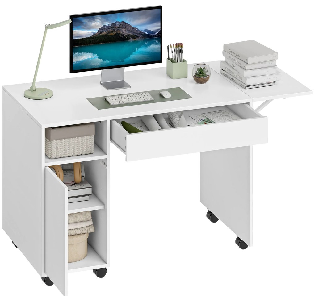 HOMCOM Birou mobil pentru calculator, birou rabatabil cu dulap și sertar, placă aglomerată, Alb | Aosom Romania