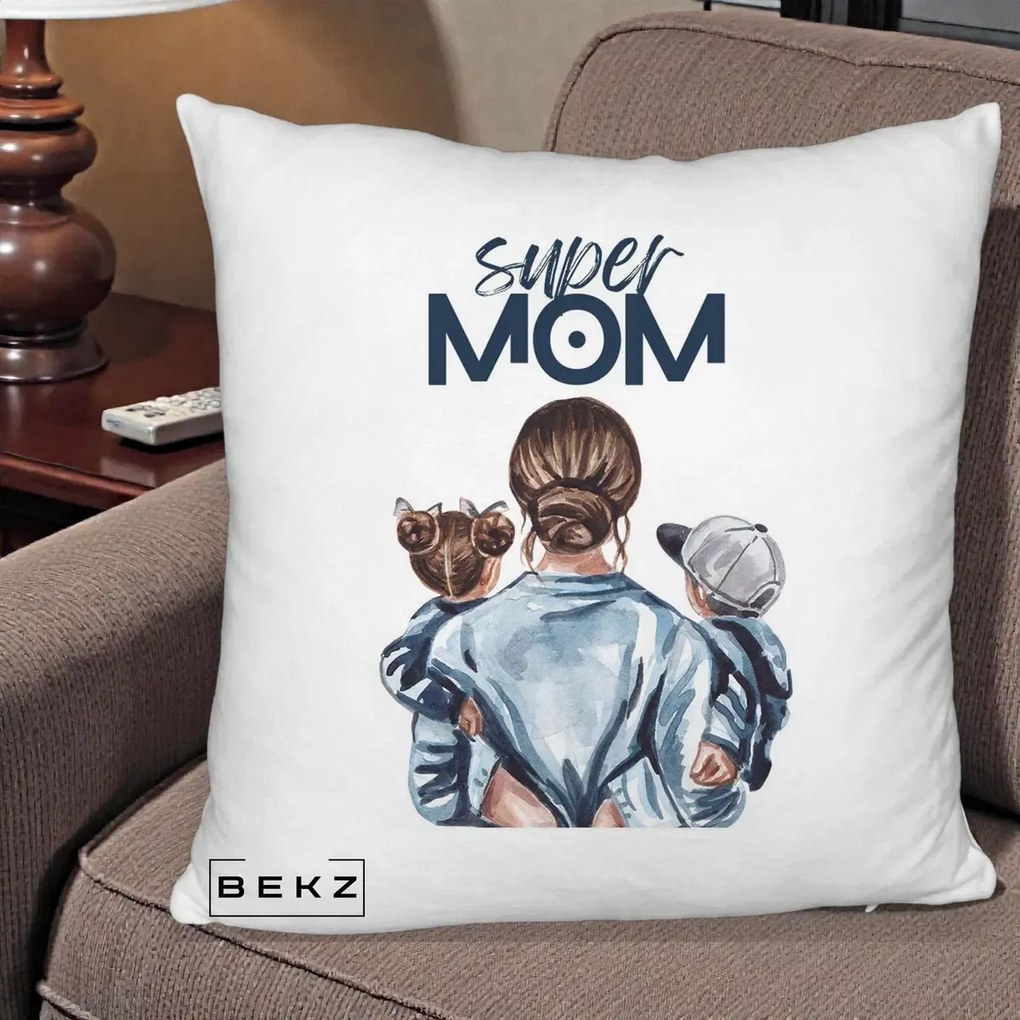 Cadou pentru Mama - Perna Personalizata Super Mom, 40x40 cm, Alb Pufos, Husa Detasabila, Perna Inclusa, BEKZ®