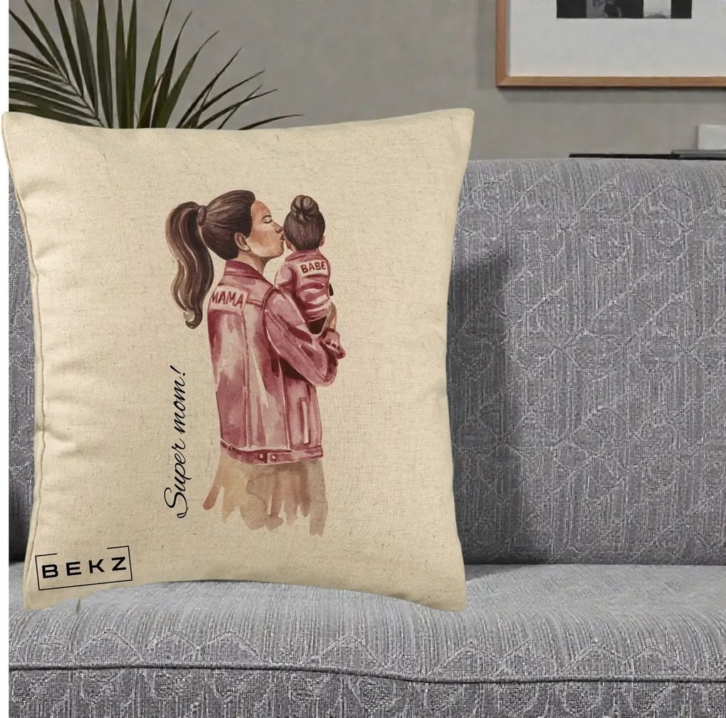 Cadou pentru Mama - Perna Personalizata Super Mom Jachete Roz, 40x40 cm, Bej, Husa Detasabila, Perna Inclusa, BEKZ®
