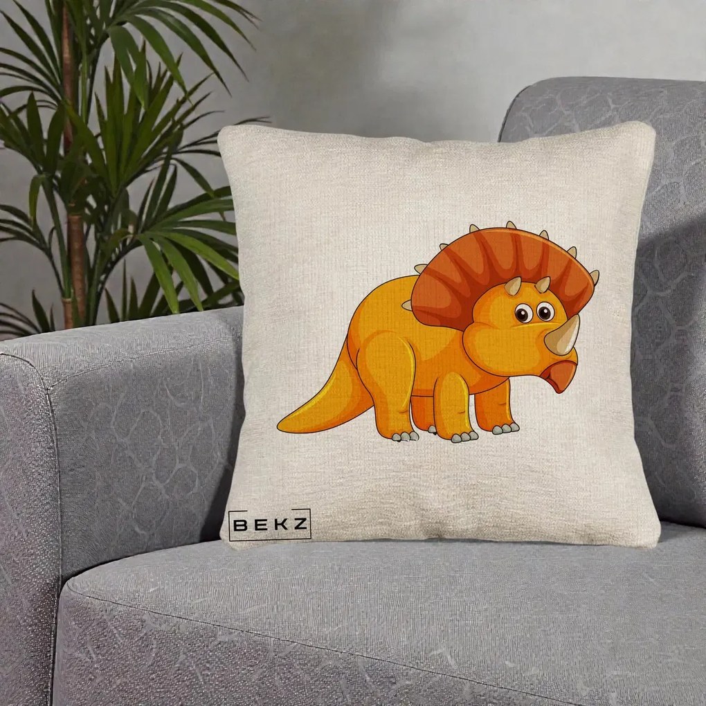 Perna Decorativa Triceratops Portocaliu, 40x40 cm, Bej Canapea, Husa Detasabila, Perna Inclusa, BEKZ®