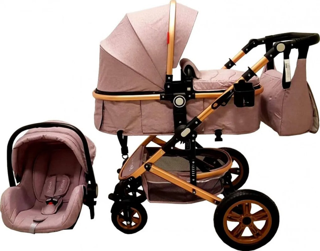 Carucior nou nascuti 3 in 1 Baby Care™ PRO 530 , Cu geanta bebe, Cadru Aluminiu Gold, Amortizoare, Roti din cauciuc plin AVE, Landou, Scoica auto,