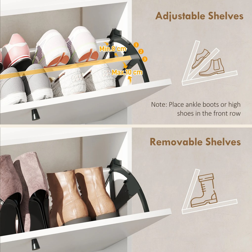 HOMCOM Dulap pentru încălțăminte Slim cu 2 sertare basculante și rafturi ajustabile, din lemn și metal, 80x24x101cm, alb | Aosom Romania