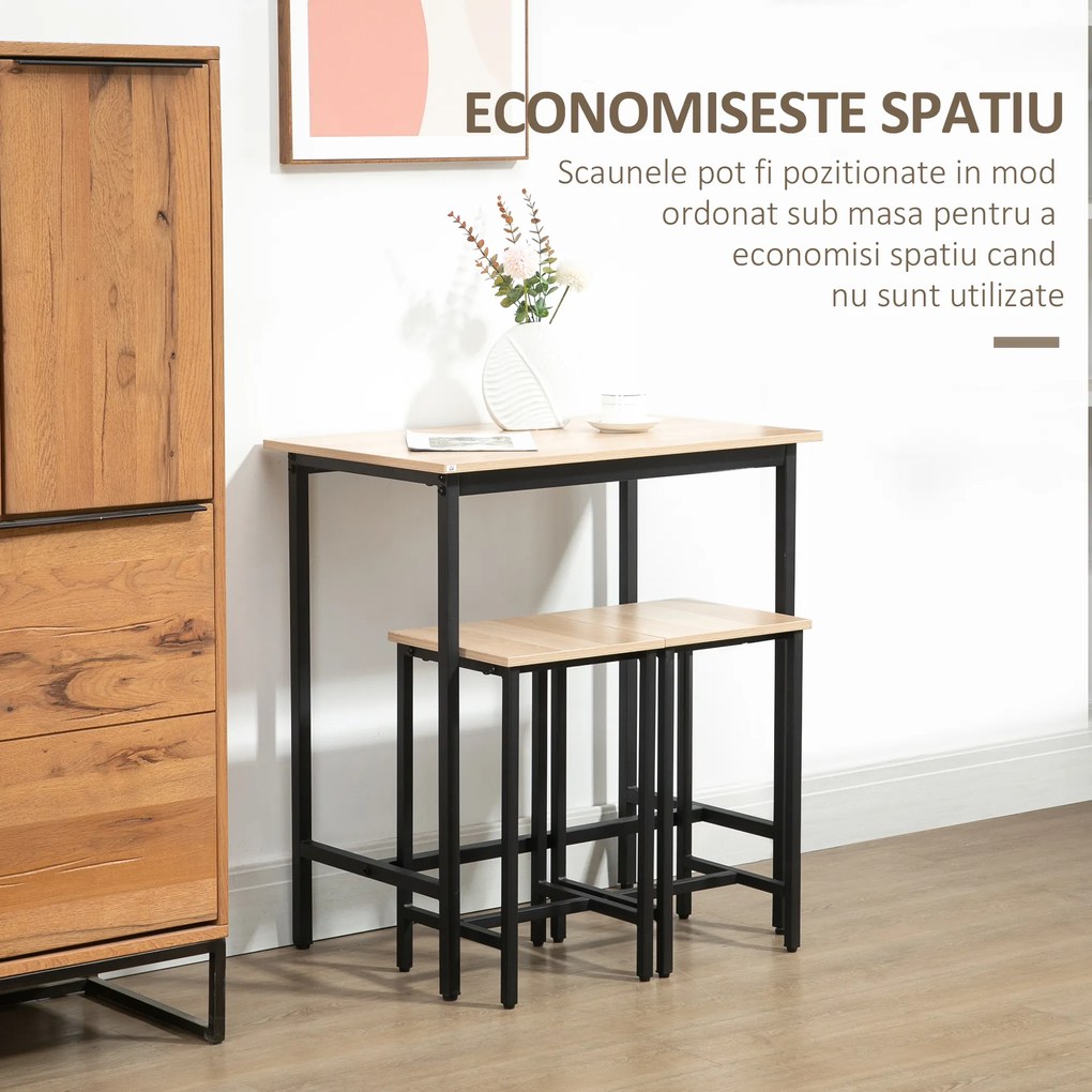 Set 3 piese cu masa si 2 scaune, stil industrial, pentru living/bucatarie, PAL si Otel, economie de spatiu, lemn natural si negru HOMCOM | Aosom RO